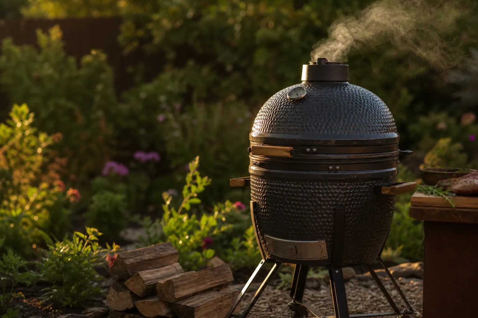 Keramische smoker in een tuin met opstijgende rook in warm avondlicht