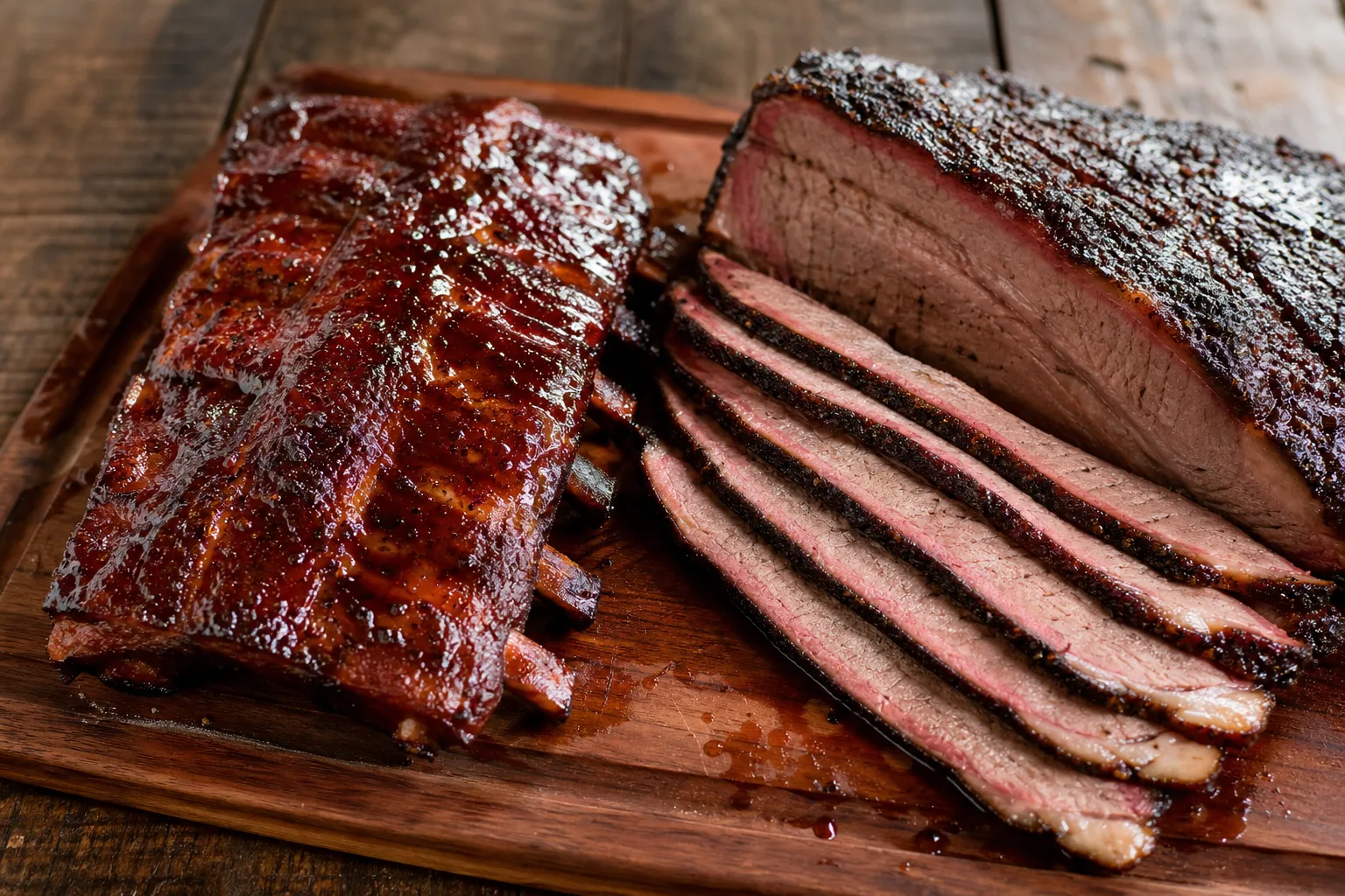 Gerookte ribs en in plakken gesneden brisket met rookrand op een houten plank